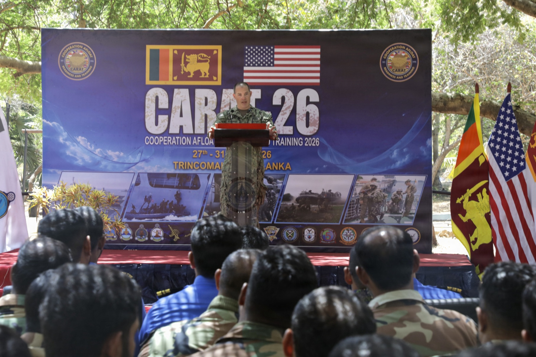 U.S. Navy Capt. Michael Messenger, deputy commander, Expeditionary Strike Group 7, gives opening remarks at CARAT Sri Lanka 2026 in Trincomalee, Sri Lanka, July 27, 2026.